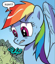 Size: 370x429 | Tagged: safe, artist:pencils, idw, official comic, character:rainbow dash, species:pegasus, species:pony, cropped, dialogue, female, gulp, mare, nervous, solo, speech bubble