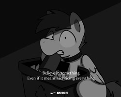Size: 1280x1024 | Tagged: safe, artist:sugar morning, oc, oc only, oc:slipstream, species:pegasus, species:pony, b&w, believe in something, black and white, boofy, collar, digging, digging through trash, dog pony, grayscale, male, meme, monochrome, nike, nike meme, sitting, solo, spiked collar, stallion, surprised, trash