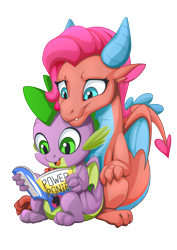 Size: 2171x3070 | Tagged: safe, artist:mysticalpha, idw, character:mina, character:spike, species:dragon, friends forever, behind, comic, commission, cuddling, cute, dragoness, female, looking down, male, minabetes, open mouth, power ponies comic, reading, shipping, simple background, sitting, smiling, spina, spooning, straight, transparent background, winged spike