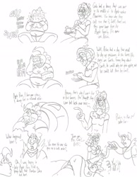 Size: 2541x3275 | Tagged: safe, artist:catstuxedo, idw, character:apple rose, character:cup cake, character:pinkie pie, species:human, belly, cake, fat, food, humanized, monochrome, pudgy pie, scene interpretation, stuffed