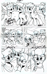 Size: 2159x3345 | Tagged: safe, artist:ponygoddess, idw, character:apple bloom, character:diamond tiara, character:scootaloo, character:silver spoon, character:sweetie belle, species:earth pony, species:pegasus, species:pony, species:unicorn, autograph, bow, claire corlett, clothing, comic, cute, cutie mark crusaders, female, filly, glasses, hair bow, ink drawing, jewelry, lineart, madeleine peters, michelle creber, necklace, prancy drew, shannon chan-kent, signed, silverbetes, sketch, sweater, tiara, traditional art