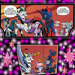 Size: 1000x1000 | Tagged: safe, idw, official comic, character:good king sombra, character:king sombra, character:pinkie pie, character:princess celestia, character:princess luna, character:rainbow dash, character:rarity, character:spike, character:twilight sparkle, character:twilight sparkle (alicorn), species:alicorn, species:pony, comic, cyrillic, dialogue, evil celestia, evil luna, evil sisters, female, mare, reflections, royal sisters, russian, speech bubble, villains touching twilight