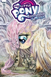 Size: 1054x1600 | Tagged: safe, artist:sararichard, idw, character:fluttershy, species:pegasus, species:pony, cover, covering, cute, duckling, female, kindness, mare, rain, shyabetes, smiling