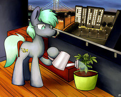 Size: 1280x1024 | Tagged: safe, artist:sugar morning, oc, oc only, oc:dee, species:earth pony, species:pony, apartment, bridge, commission, drugs, evening, loss (meme), male, marijuana, plant, scenery, smoking, solo, stallion, standing, watering