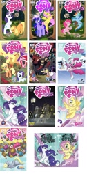 Size: 984x1946 | Tagged: safe, idw, official, official comic, character:applejack, character:derpy hooves, character:doctor whooves, character:fluttershy, character:pinkie pie, character:rainbow dash, character:rarity, character:spike, character:time turner, character:twilight sparkle, character:twilight sparkle (unicorn), species:changeling, species:dragon, species:earth pony, species:pegasus, species:pony, species:unicorn, anatomically incorrect, apple, apple tree, applejack's hat, background pony, balloon, clothing, cover, covering eyes, cowboy hat, crying, derpy spider, dream, eyepatch, f'wuffy, female, flower, fluttershy being fluttershy, flying, food, fountain, glowing horn, hat, heart, heart eyes, hoof hold, horn, hot air balloon, ice skates, ice skating, incorrect leg anatomy, magic, male, mare, muffin, parasprite, pocket watch, puffy cheeks, scared, scarf, sleeping, spider, stallion, tongue out, top hat, tree, twinkling balloon, weeping angel, wingding eyes