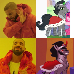 Size: 717x717 | Tagged: safe, edit, edited screencap, gameloft, idw, screencap, character:king sombra, species:human, episode:the cutie re-mark, cropped, drake, hotline bling, irl, irl human, male, meme, photo, reformed sombra