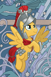 Size: 606x908 | Tagged: safe, artist:tonyfleecs, idw, character:flash magnus, species:pegasus, species:pony, legends of magic, armor, cropped, helmet, male, smiling, wings