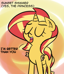 Size: 1335x1551 | Tagged: safe, artist:artiks, character:sunset shimmer, species:alicorn, species:pony, species:unicorn, dialogue, fake wings, female, mare, simple background, smug, solo, sunset shimmer day
