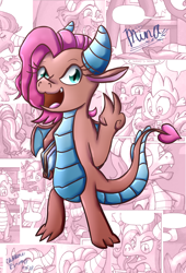 Size: 2550x3750 | Tagged: safe, artist:chiptunebrony, idw, character:mina, character:spike, species:dragon, friends forever, collage, comic, cute, date, dragoness, female, holding up, minabetes, open mouth, peace sign, signature, smiling