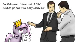Size: 800x450 | Tagged: safe, artist:sugar morning, oc, oc only, species:earth pony, species:human, species:pony, car salesman, crown, female, filly, jewelry, male, mare, meme, mouth hold, regalia, simple background, slaps roof of car meme, white background