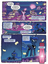 Size: 768x1024 | Tagged: safe, artist:tonyfleecs, idw, character:princess luna, character:twilight sparkle, character:twilight sparkle (alicorn), species:alicorn, species:pony, book, bookshelf, dream, dream walker luna, ethereal mane, female, galaxy mane, library, magic, mare, nightmare knights, preview, telekinesis, that pony sure does love organization