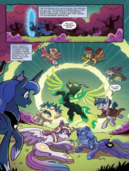 Size: 768x1024 | Tagged: safe, artist:tonyfleecs, idw, official comic, character:daybreaker, character:flash magnus, character:meadowbrook, character:nightmare moon, character:pony of shadows, character:princess celestia, character:princess luna, character:somnambula, character:stygian, species:alicorn, species:earth pony, species:pegasus, species:pony, species:unicorn, g4, comic, dream, dream walker luna, ethereal mane, female, galaxy mane, male, mare, nightmare knights, preview, s1 luna, spread wings, stallion, wings