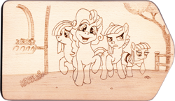 Size: 1024x592 | Tagged: safe, artist:malte279, character:limestone pie, character:marble pie, character:maud pie, character:pinkie pie, craft, outlines only, pie sisters, pyrography, siblings, sisters, traditional art, wip