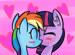 Size: 994x727 | Tagged: safe, artist:artiks, character:rainbow dash, character:twilight sparkle, ship:twidash, >.<, art challenge, blushing, female, floating heart, heart, kissing, lesbian, manechat challenge, shipping