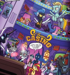 Size: 987x1057 | Tagged: safe, artist:tonyfleecs, idw, official comic, character:babs seed, character:gloriosa daisy, character:good king sombra, character:king sombra, character:lightning dust, character:lord tirek, character:nightmare rarity, character:nightshade, character:princess luna, character:rarity, character:starlight glimmer, character:stygian, character:sunflower, character:sunset shimmer, character:suri polomare, species:alicorn, species:changeling, species:earth pony, species:pegasus, species:pony, species:unicorn, alternate universe, antagonist, bits, casino, colored horn, curved horn, dice, doctor doomity, equestria girls ponified, ethereal mane, female, flower, flying, former good king sombra, galaxy mane, high heel, horn, magic, male, mare, mask, money, nightmare knights, pharaoh phetlock, ponified, queen trottingham, self ponidox, shadowbolts, smudge (character), sombra eyes, sombra horn, stallion, telekinesis, villian
