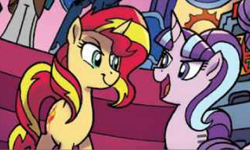 Size: 1478x887 | Tagged: safe, artist:tonyfleecs, idw, official comic, character:starlight glimmer, character:sunset shimmer, species:pony, species:unicorn, duo focus, equal cutie mark, female, mare, nightmare knights, open mouth, smiling, smirk