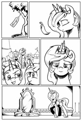 Size: 680x1000 | Tagged: safe, artist:z-y-c, idw, character:king sombra, character:princess celestia, character:princess luna, character:radiant hope, character:twilight sparkle, character:twilight sparkle (alicorn), species:alicorn, species:pony, species:unicorn, comic, crying, eyes closed, female, grayscale, lineart, mare, mirror, monochrome, reformed sombra, smiling