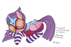 Size: 2653x1763 | Tagged: safe, alternate version, artist:icey-wicey-1517, artist:thecloud96, edit, idw, character:masked matter-horn, species:alicorn, species:pony, episode:power ponies, g4, my little pony: friendship is magic, alicornified, clothing, color edit, colored, costume, eyes closed, female, goggles, mare, outfit, race swap, signature, simple background, sleeping, socks, solo, striped socks, transparent background