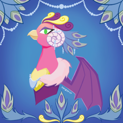 Size: 800x800 | Tagged: safe, artist:sunnytp, idw, official comic, character:princess eris, antagonist, bat wings, bust, decoration, feather, female, horn, jewelry, jewels, nightmare knights, non pony, portrait, sarimanok, solo, wings