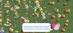 Size: 2436x1125 | Tagged: safe, gameloft, idw, character:pinkie pie, character:trouble shoes, apple, apple pinkie, apple tree, autumn, dialogue, food, game screencap, idw showified, living apple, night of the living apples, nightmare night, speech bubble, sweet apple acres, tree