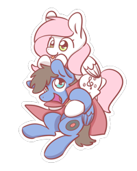 Size: 1024x1280 | Tagged: safe, artist:sugar morning, oc, oc only, oc:bizarre song, oc:sugar morning, species:pegasus, species:pony, best friend, bff, cape, chibi, clothing, cute, female, male, mare, piggyback ride, ponies riding ponies, riding, simple background, stallion, sticker, sugarre, transparent background