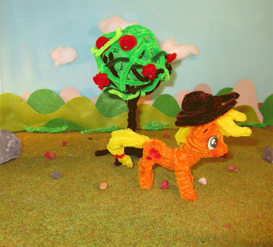 Size: 1104x1000 | Tagged: safe, artist:malte279, character:applejack, animated, apple, apple tree, chenille, chenille stems, chenille wire, clothing, craft, food, hat, pipe cleaner sculpture, pipe cleaners, sculpture, stop motion, tree