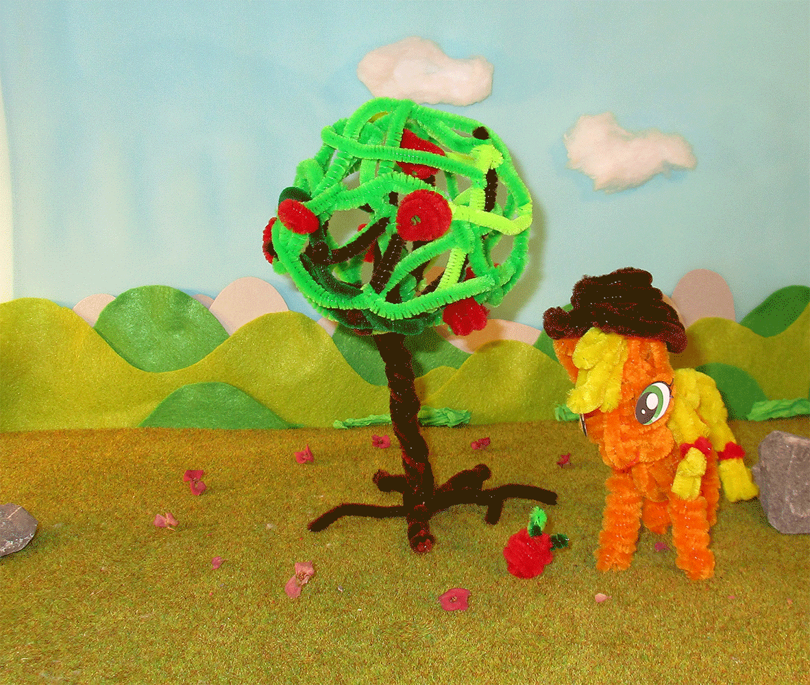 Size: 1182x1000 | Tagged: safe, artist:malte279, character:applejack, animated, animatino, apple, apple tree, chenille, chenille stems, chenille wire, clothing, craft, food, hat, pipe cleaner sculpture, pipe cleaners, sculpture, tree