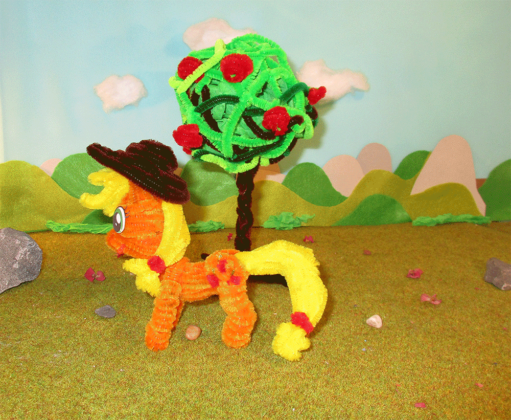 Size: 1000x821 | Tagged: safe, artist:malte279, character:applejack, animated, apple, applejack tree, chenille, chenille stems, chenille wire, clothing, craft, food, hat, pipe cleaner sculpture, pipe cleaners, sculpture, stop motion