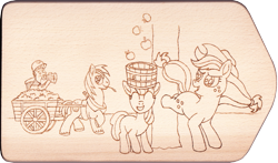 Size: 2849x1672 | Tagged: safe, artist:malte279, character:apple bloom, character:applejack, character:big mcintosh, character:granny smith, apple, apple family, applebucking, cart, craft, food, harvest, pyrography, traditional art, wip