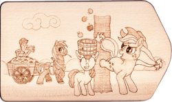 Size: 2841x1679 | Tagged: safe, artist:malte279, character:apple bloom, character:applejack, character:big mcintosh, character:granny smith, apple, apple family, applebucking, cart, craft, food, harvest, pyrography, traditional art