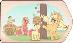 Size: 2849x1672 | Tagged: safe, artist:malte279, character:apple bloom, character:applejack, character:big mcintosh, character:granny smith, apple, apple family, applebucking, cart, craft, digitally colored, food, harvest, pyroghraphy