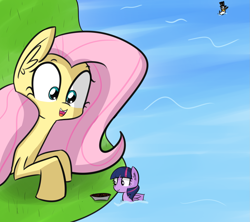 Size: 1593x1413 | Tagged: safe, artist:artiks, character:fluttershy, character:twilight sparkle, oc, oc:mrducknosa, species:duck, species:pegasus, species:pony, cute, duck pony, eyes on the prize, female, food, happy, mare, micro, missing horn, open mouth, size difference, smiling, species swap, twiabetes, water, wide eyes