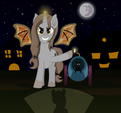 Size: 2219x2058 | Tagged: safe, artist:malte279, artist:tokokami, oc, oc:blackcat, species:pony, species:unicorn, bat wings, black cat, cannon, cat, contest entry, full moon, grin, halloween, holiday, looking at you, mare in the moon, moon, night, night sky, party cannon, sky, smiling, wings