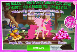 Size: 1025x689 | Tagged: safe, gameloft, idw, official, character:pinkie pie, species:alicorn, species:pony, 20%, advertisement, alicornified, costs real money, gem, halloween, holiday, idw showified, pinkiecorn, princess of chaos, princess pinkie pie, race swap, sale, why gameloft why, xk-class end-of-the-world scenario