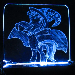 Size: 1173x1173 | Tagged: safe, artist:malte279, character:trixie, acrylic glass, acrylic plastic, acrylight, cape, clothing, craft, engraving, hat, led, plexiglass, solo, trixie's cape, trixie's hat