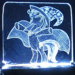 Size: 1117x1117 | Tagged: safe, artist:malte279, character:trixie, acrylic glass, acrylic plastic, acrylight, cape, clothing, craft, engraving, hat, led, plexiglass, solo, trixie's cape, trixie's hat