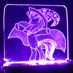 Size: 1182x1182 | Tagged: safe, artist:malte279, character:trixie, acrylic glass, acrylic plastic, acrylight, cape, clothing, craft, engraving, hat, led, plexiglass, solo, trixie's cape, trixie's hat