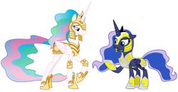 Size: 4004x2063 | Tagged: safe, artist:sketchmcreations, idw, character:princess celestia, character:princess luna, species:pony, armor, duo, ethereal mane, female, galaxy mane, helmet, mare, open mouth, raised hoof, royal sisters, simple background, sisters, transparent background, vector, warrior, warrior celestia, warrior luna
