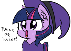 Size: 1205x869 | Tagged: safe, artist:artiks, character:twilight sparkle, character:twilight sparkle (alicorn), species:alicorn, species:pony, artiks is trying to murder us, clothing, costume, cute, ear fluff, female, halloween, hat, holiday, mare, open mouth, simple background, smiling, solo, text, twiabetes, white background, witch, witch hat