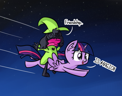 Size: 1930x1519 | Tagged: safe, artist:artiks, character:twilight sparkle, character:twilight sparkle (alicorn), species:alicorn, species:pony, spoilers for another series, crossover, deltarune, dialogue, female, fluffy boi, flying, glasses, male, ralsei, stars, title drop