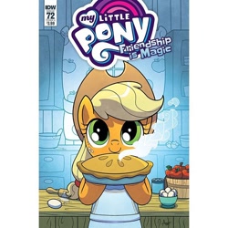 Size: 640x640 | Tagged: safe, artist:agnesgarbowska, idw, character:applejack, species:earth pony, species:pony, apple, apple pie, apron, clothing, comic cover, cowboy hat, cute, egg (food), female, food, hat, hoof hold, jackabetes, looking at you, mare, pie, solo