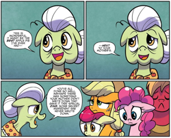 Size: 740x598 | Tagged: safe, artist:agnesgarbowska, idw, character:apple bloom, character:applejack, character:big mcintosh, character:granny smith, character:pinkie pie, species:earth pony, species:pony, apple family, comic, cropped, dialogue, female, filly, floppy ears, foal, green background, male, mare, sad, simple background, speech bubble, stallion
