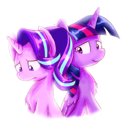 Size: 4000x4000 | Tagged: safe, artist:sugar morning, derpibooru original, character:starlight glimmer, character:twilight sparkle, character:twilight sparkle (alicorn), species:alicorn, species:pony, absurd resolution, canon, confused, doubt, simple background, sitting, unsure, white background