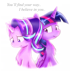 Size: 4000x4000 | Tagged: safe, artist:sugar morning, derpibooru original, character:starlight glimmer, character:twilight sparkle, character:twilight sparkle (alicorn), species:alicorn, species:pony, species:unicorn, absurd resolution, canon, confused, doubt, simple background, sitting, text, unsure, white background