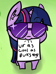 Size: 1135x1491 | Tagged: safe, alternate version, artist:artiks, character:twilight sparkle, cool, female, filly, filly twilight sparkle, mouth hold, paper, positive ponies, solo, sunglasses, younger