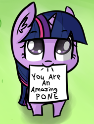Size: 1080x1419 | Tagged: safe, artist:artiks, edit, editor:apex soundwave, character:twilight sparkle, character:twilight sparkle (unicorn), species:pony, species:unicorn, c:, caption, cute, female, filly, filly twilight sparkle, gradient background, grass, green background, hnnng, looking at you, looking up, mare, mouth hold, nom, positive ponies, simple background, smiling, solo, twiabetes, younger