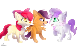 Size: 1889x1181 | Tagged: safe, artist:affanita, character:apple bloom, character:scootaloo, character:sweetie belle, species:pegasus, species:pony, species:wolf, adorabloom, cute, cutealoo, diasweetes, species swap, wolfified