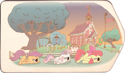 Size: 2798x1630 | Tagged: safe, artist:malte279, character:apple bloom, character:scootaloo, character:sweetie belle, species:pegasus, species:pony, craft, cute, cutie mark crusaders, digitally colored, playground, pyrography, school, scootie belle, scootie bloom, scootie scootaloo, scooting, traditional art