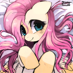 Size: 700x700 | Tagged: safe, artist:suikuzu, character:fluttershy, bed, bed mane, cute, eye, eyes, female, floppy ears, hooves, looking at you, lying down, messy mane, on back, smiling, solo, watermark
