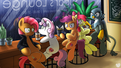 Size: 1920x1080 | Tagged: safe, artist:sugar morning, character:apple bloom, character:babs seed, character:gabby, character:scootaloo, character:sweetie belle, species:earth pony, species:griffon, species:pegasus, species:pony, species:unicorn, equestria daily, cafe, canon, chair, clothing, cmc day, cutie mark, cutie mark crusader day, cutie mark crusaders, drink, female, filly, freckles, hang out, hoof hold, jacket, leather jacket, notepad, rain, sitting, the cmc's cutie marks, window